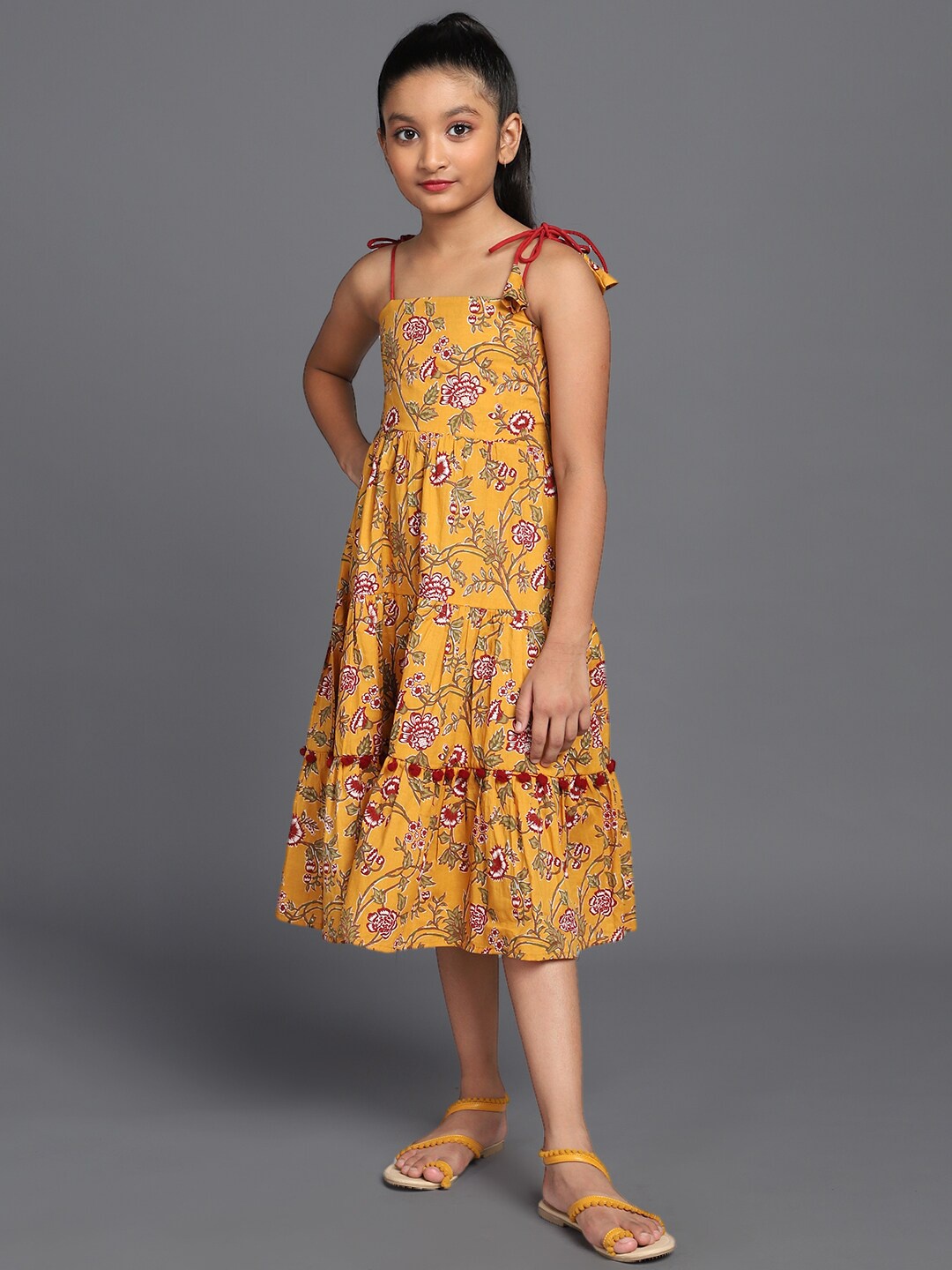 

Aks Kids Girls Floral Printed Tiered Cotton Midi Dress, Mustard