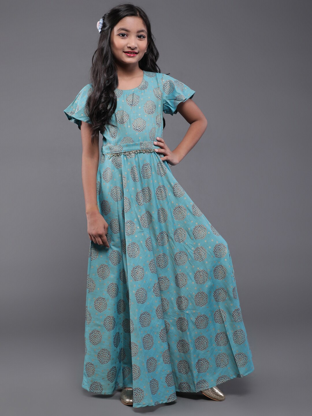 

Aks Kids Girls Floral Printed Flutter Sleeves Maxi Ethnic Dress, Blue