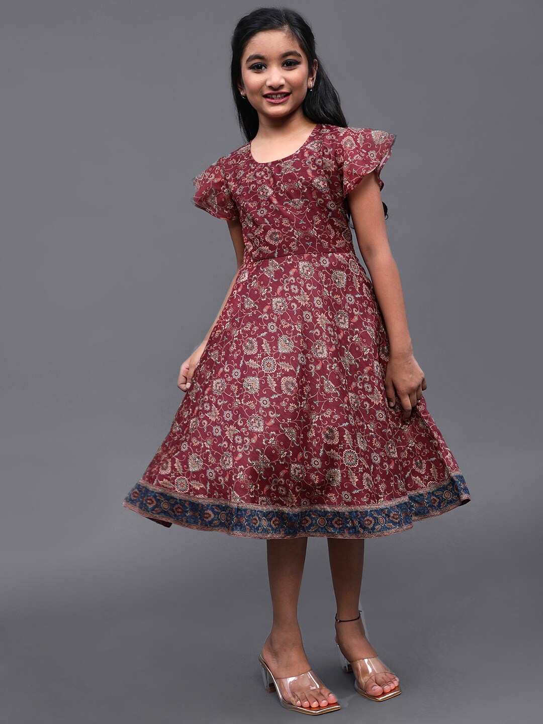 

Aks Kids Girls Ethnic Motifs Printed Flutter Sleeves Silk Fit & Flare Ethnic Dress, Burgundy