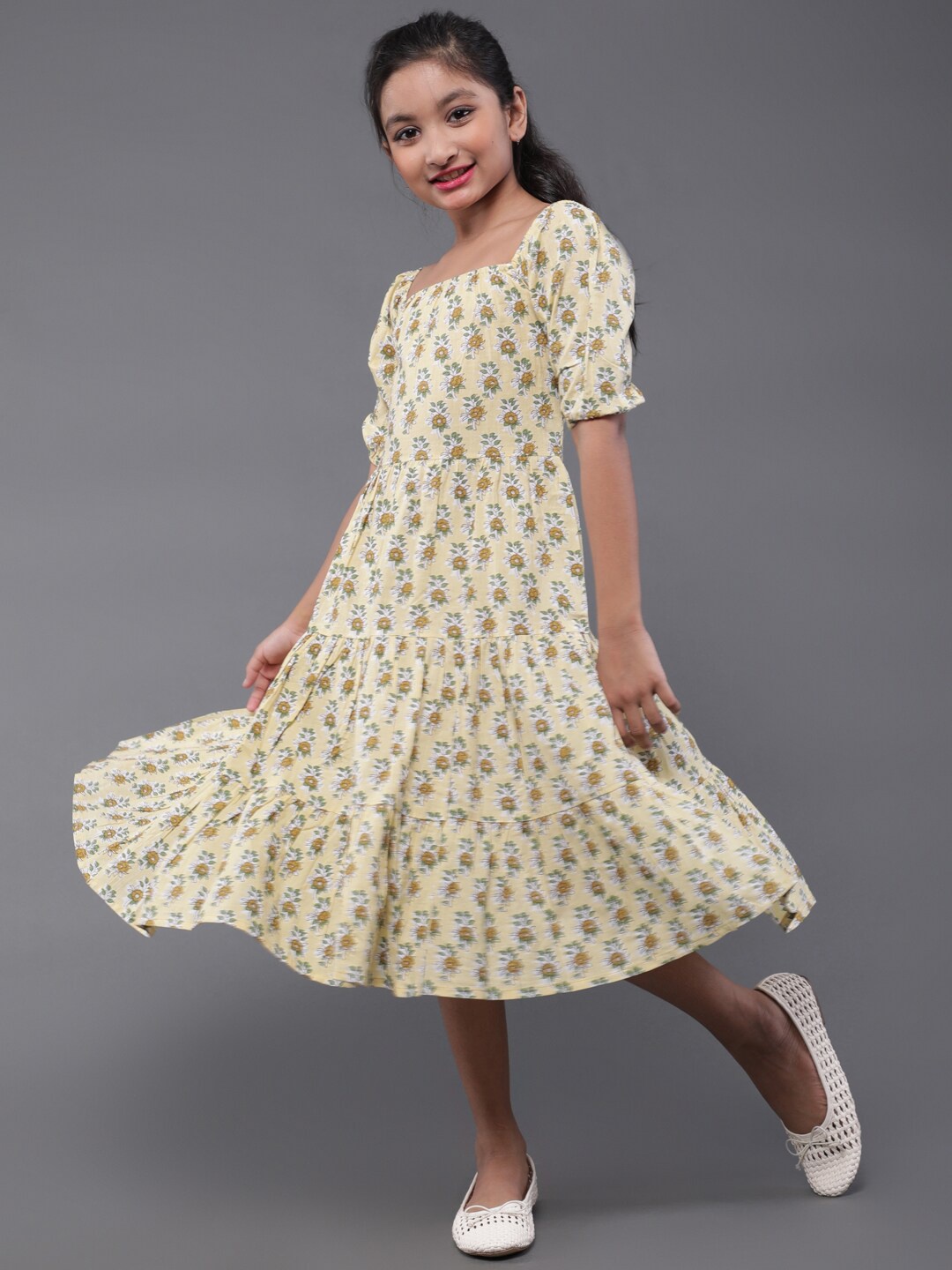 

Aks Kids Girls Floral Printed Smocked Detailed Cotton A-Line Midi Dress, Yellow