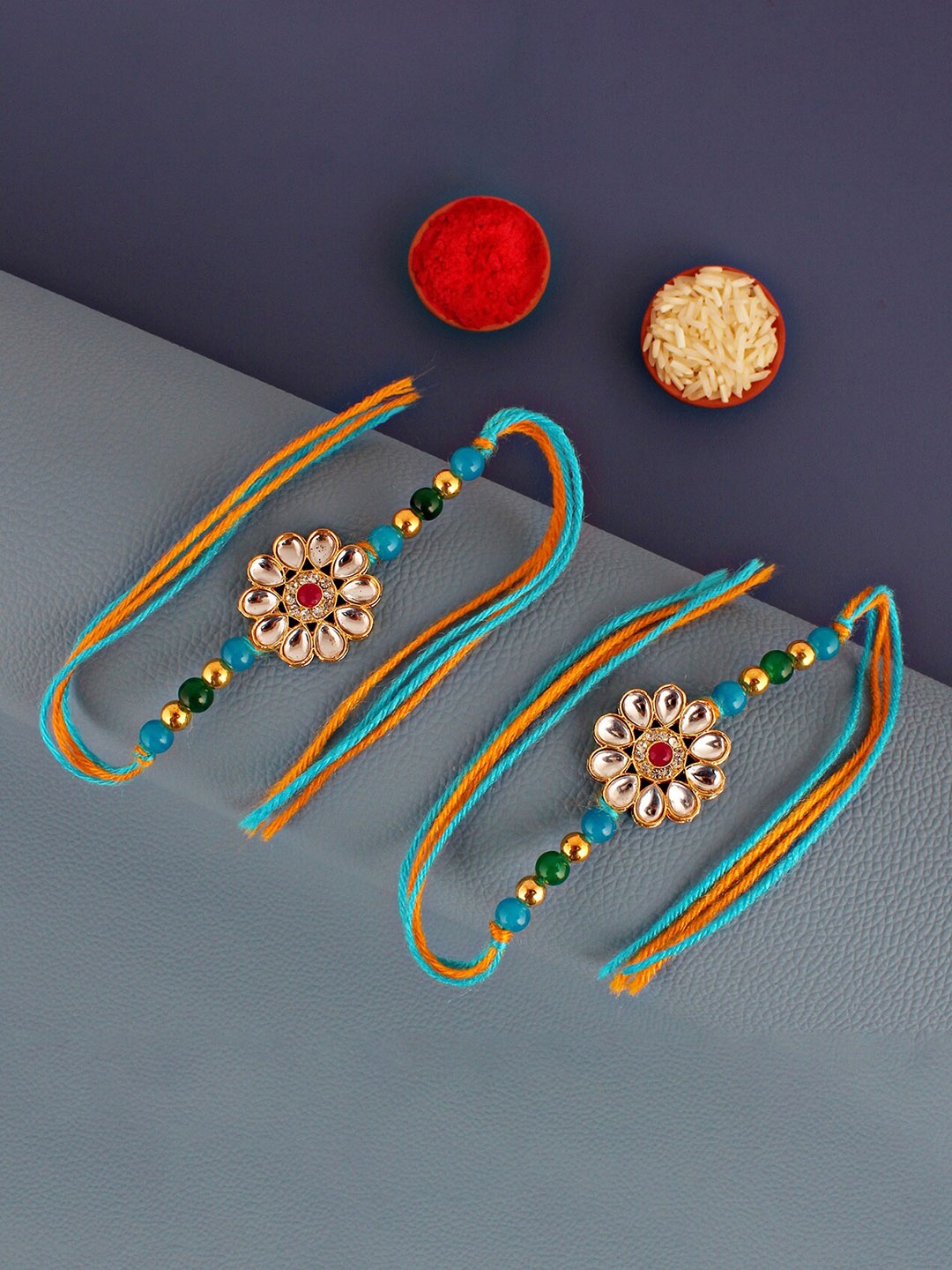 

LUCKY JEWELLERY Set Of 2 Kundan Studded Thread Rakhis, Gold