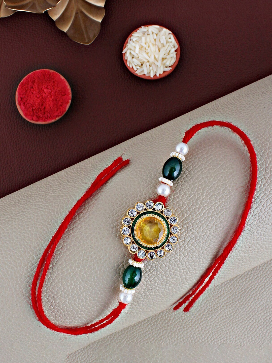 

LUCKY JEWELLERY CZ-Studded Rakhi With Roli Chawal & Greeting Card, Red