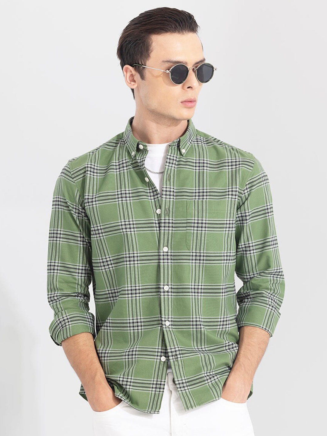 

Snitch Green Classic Slim Fit Tartan Checked Casual Pure Cotton Shirt