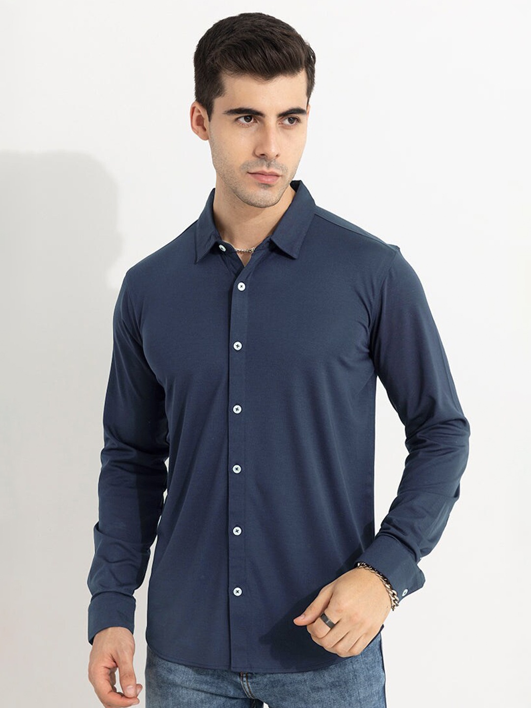 

Snitch Classic Spread Collar Slim Fit Cotton Casual Shirt, Blue