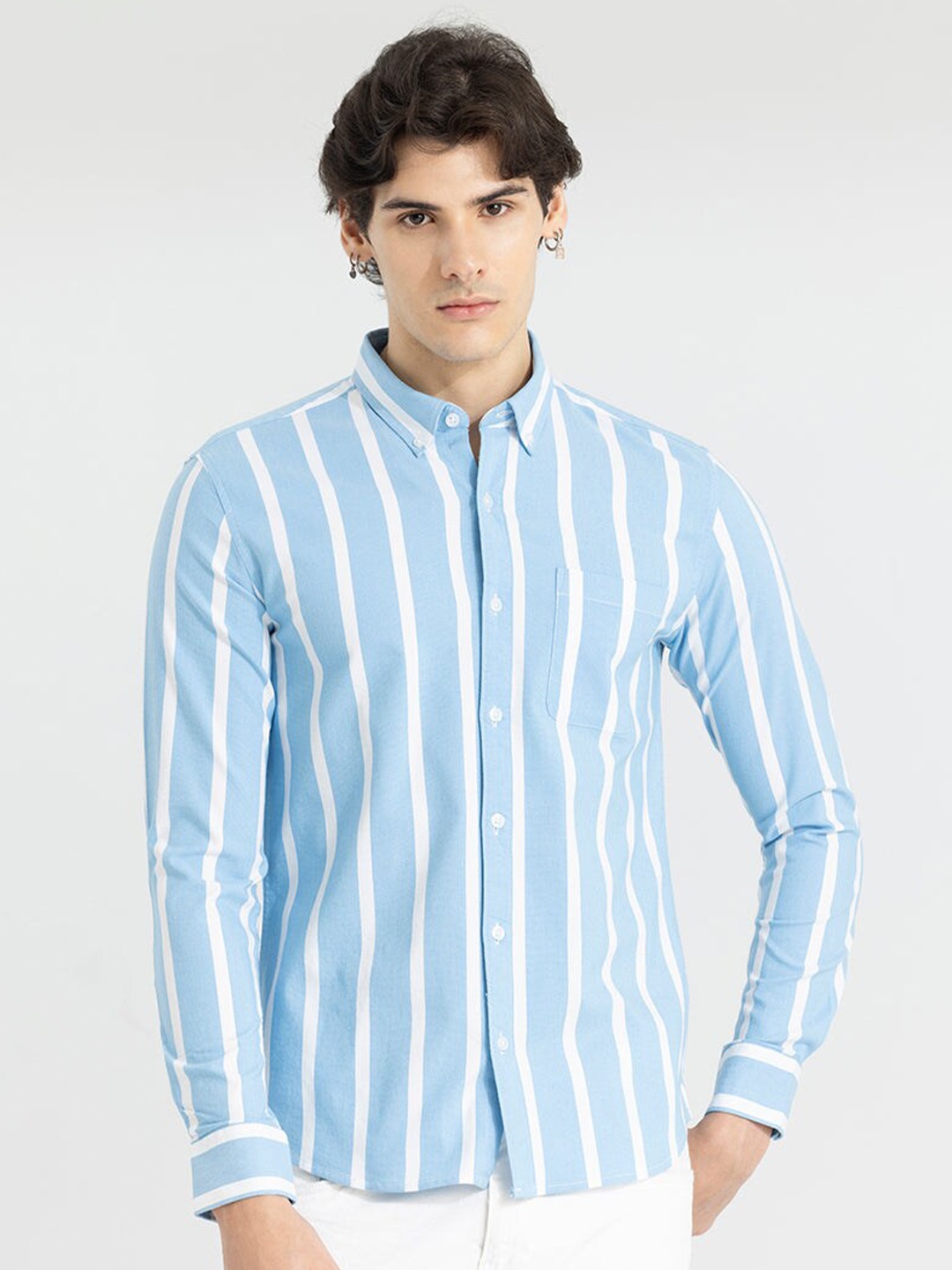

Snitch Striped Classic Slim Fit Button-Down Collar Cotton Casual Shirt, Blue