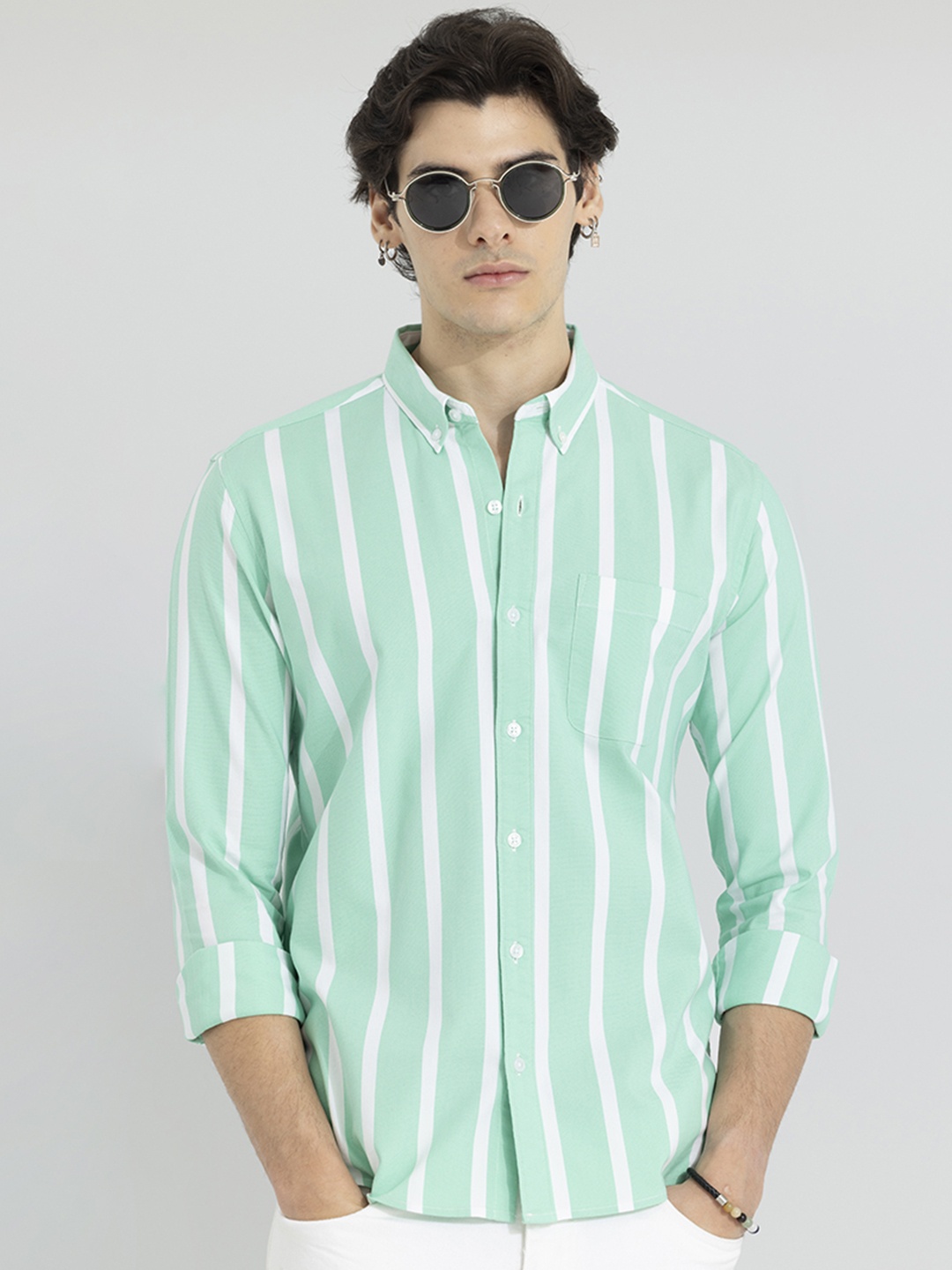 

Snitch Green Classic Striped Printed Slim Fit Pure Cotton Casual Shirt