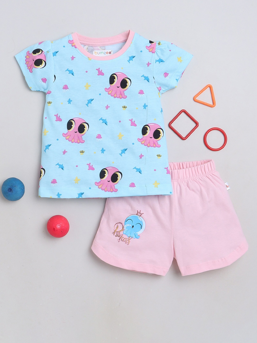 

BUMZEE Girls Conversational Printed Pure Cotton T-Shirt with Shorts, Blue