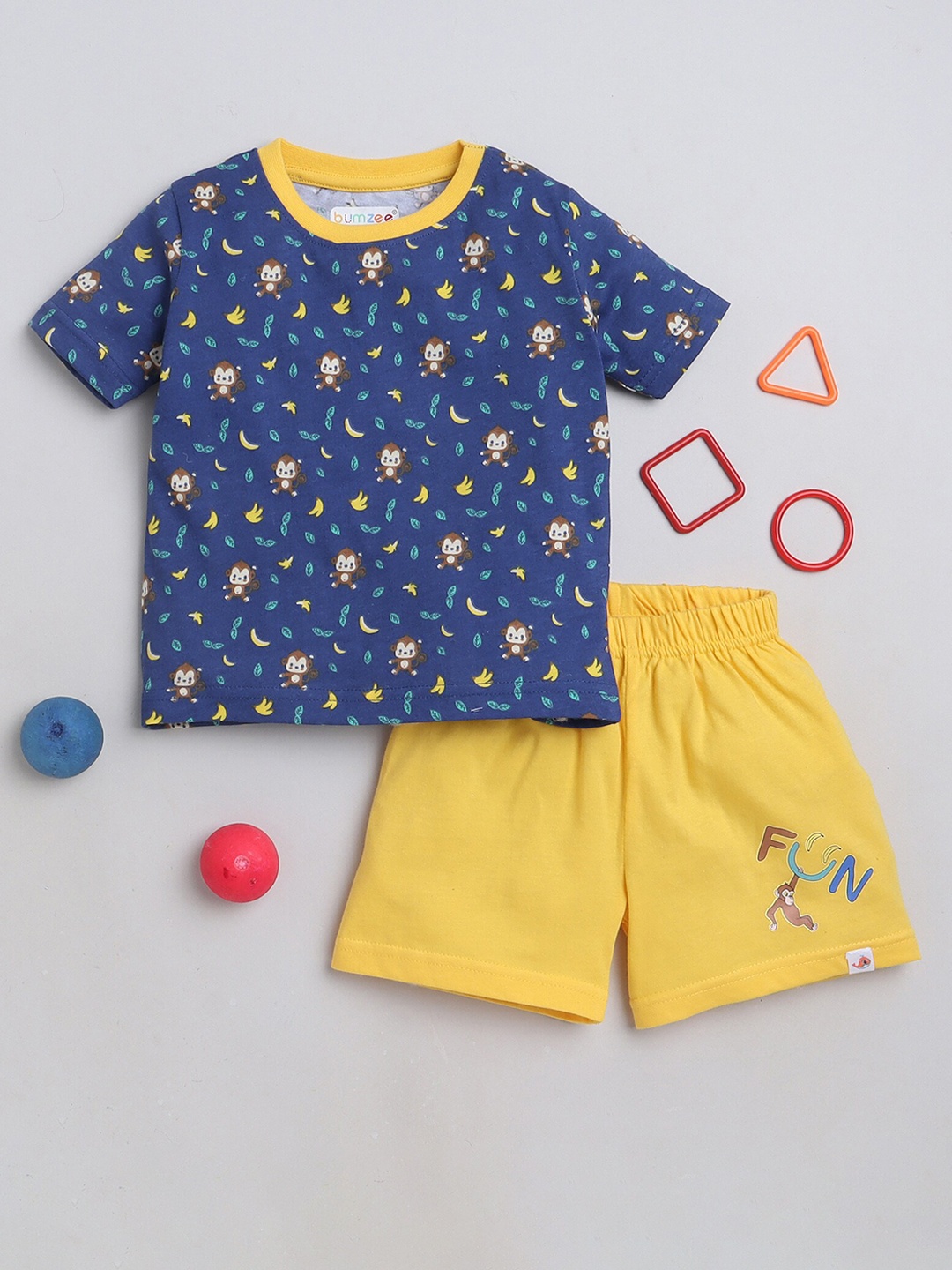 

BUMZEE Boys Conversational Printed Pure Cotton T-Shirt with Shorts, Navy blue