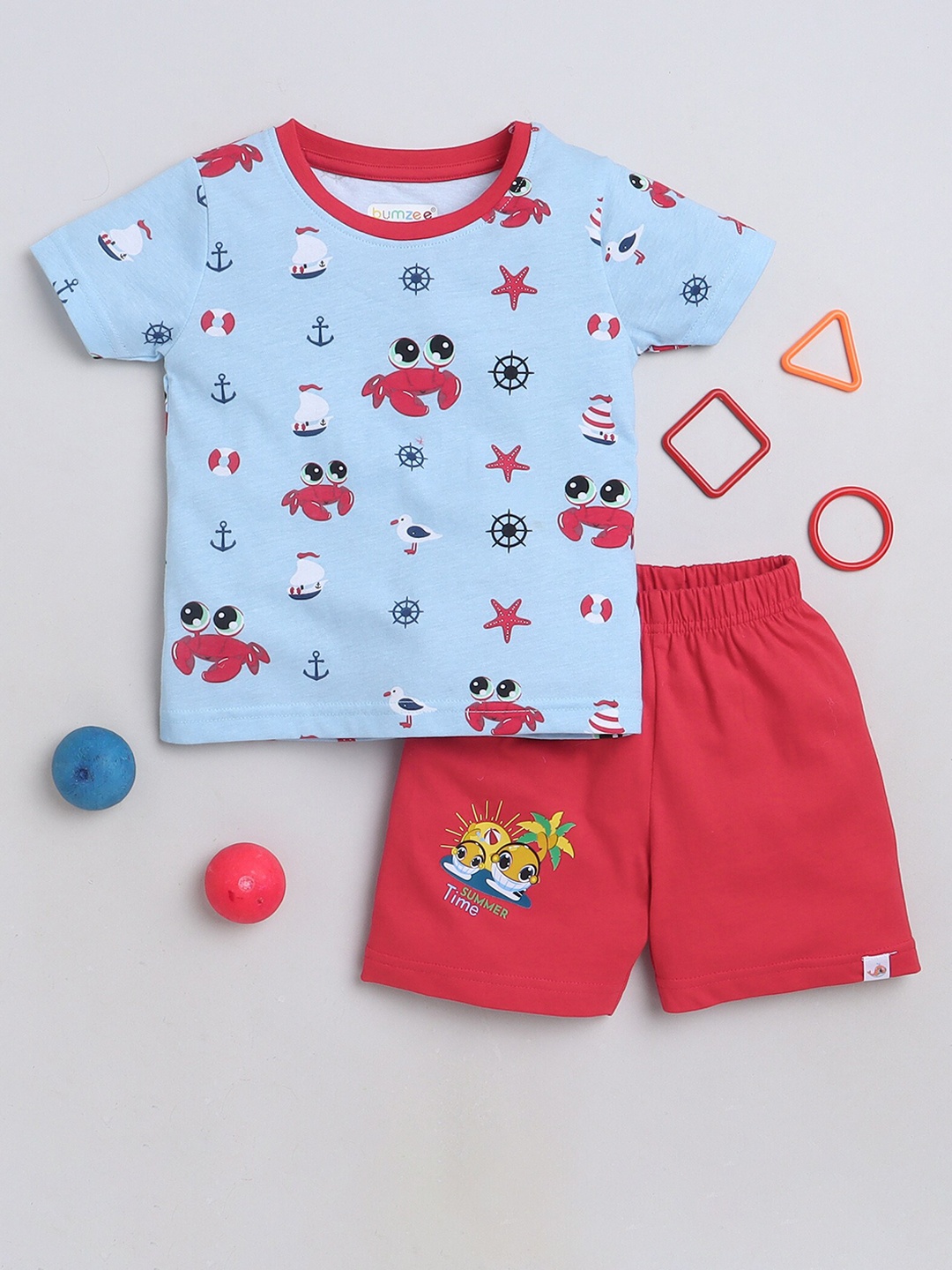 

BUMZEE Boys Conversational Printed Pure Cotton T-Shirt with Shorts, Blue
