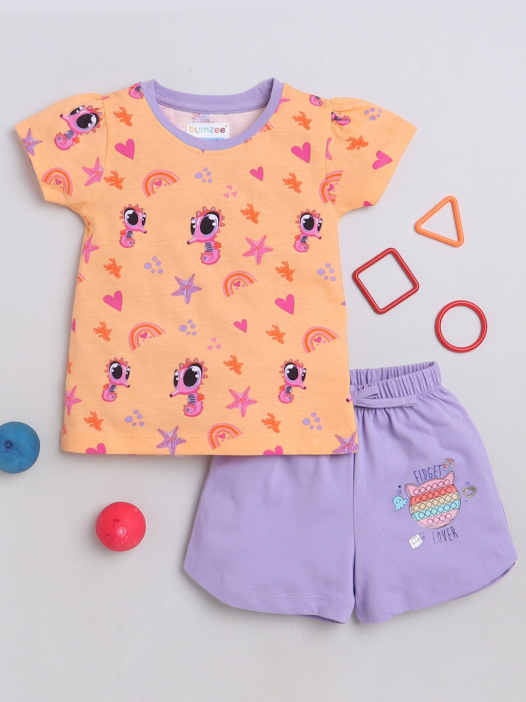

BUMZEE Girls Conversational Printed Pure Cotton T-Shirt with Shorts, Orange