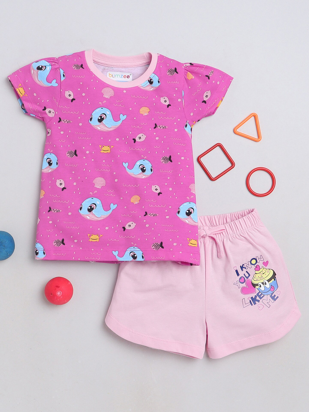 

BUMZEE Girls Printed Pure Cotton Top with Shorts, Pink