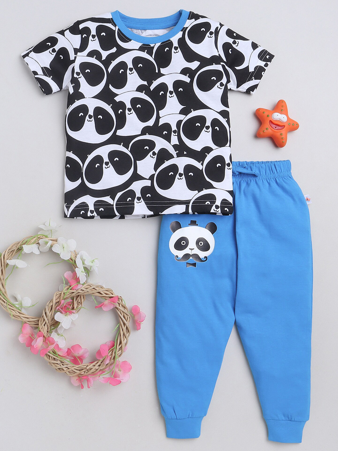 

BUMZEE Boys Panda Printed Pure Cotton T-Shirt with Pyjamas, Black