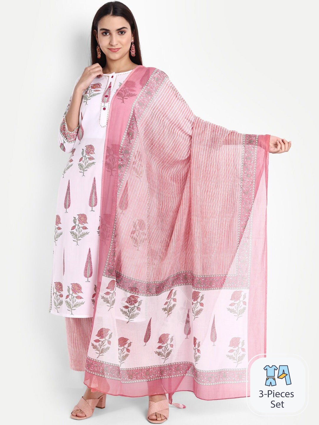 

SUTI Floral Printed Pure Cotton Kurta With Trousers & Dupatta, Pink
