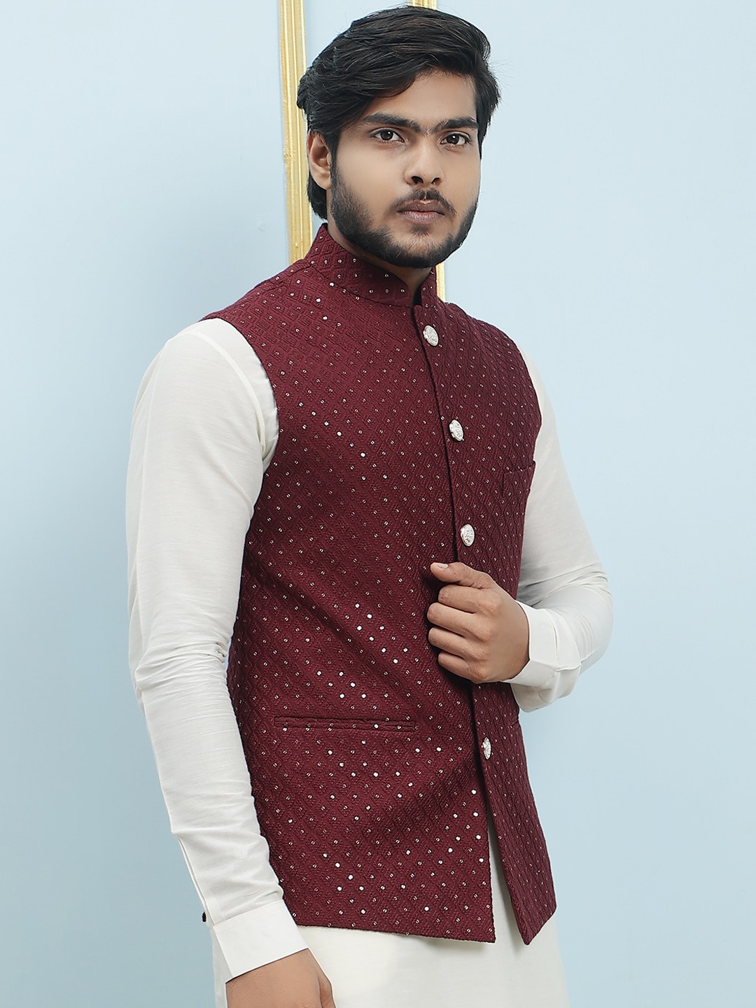 

See Designs Embroidered Sequined Slim-Fit Nehru Jackets, Maroon