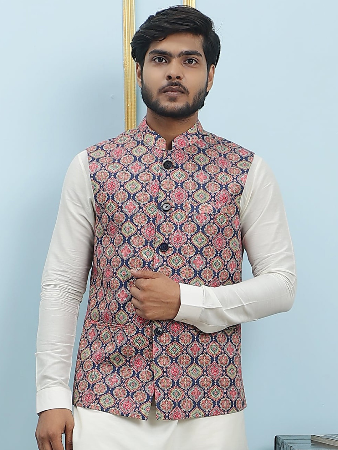 

See Designs Printed Pure Cotton Nehru Jackets, Blue