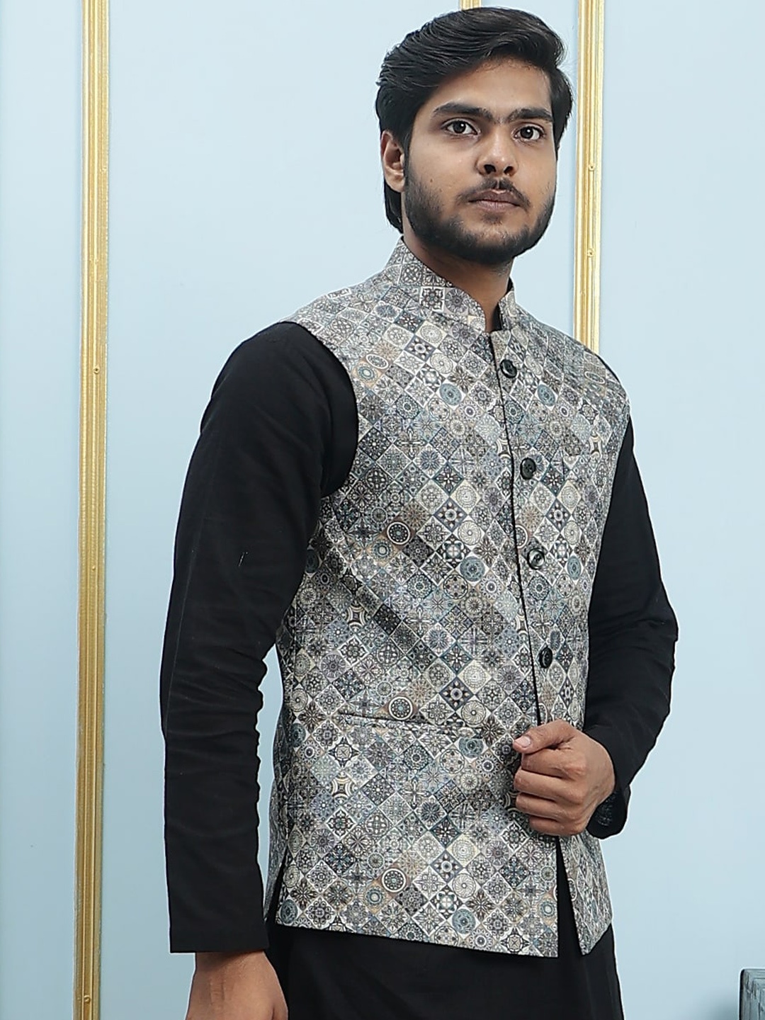 

See Designs Printed Slim-Fit Pure Cotton Nehru Jackets, Black