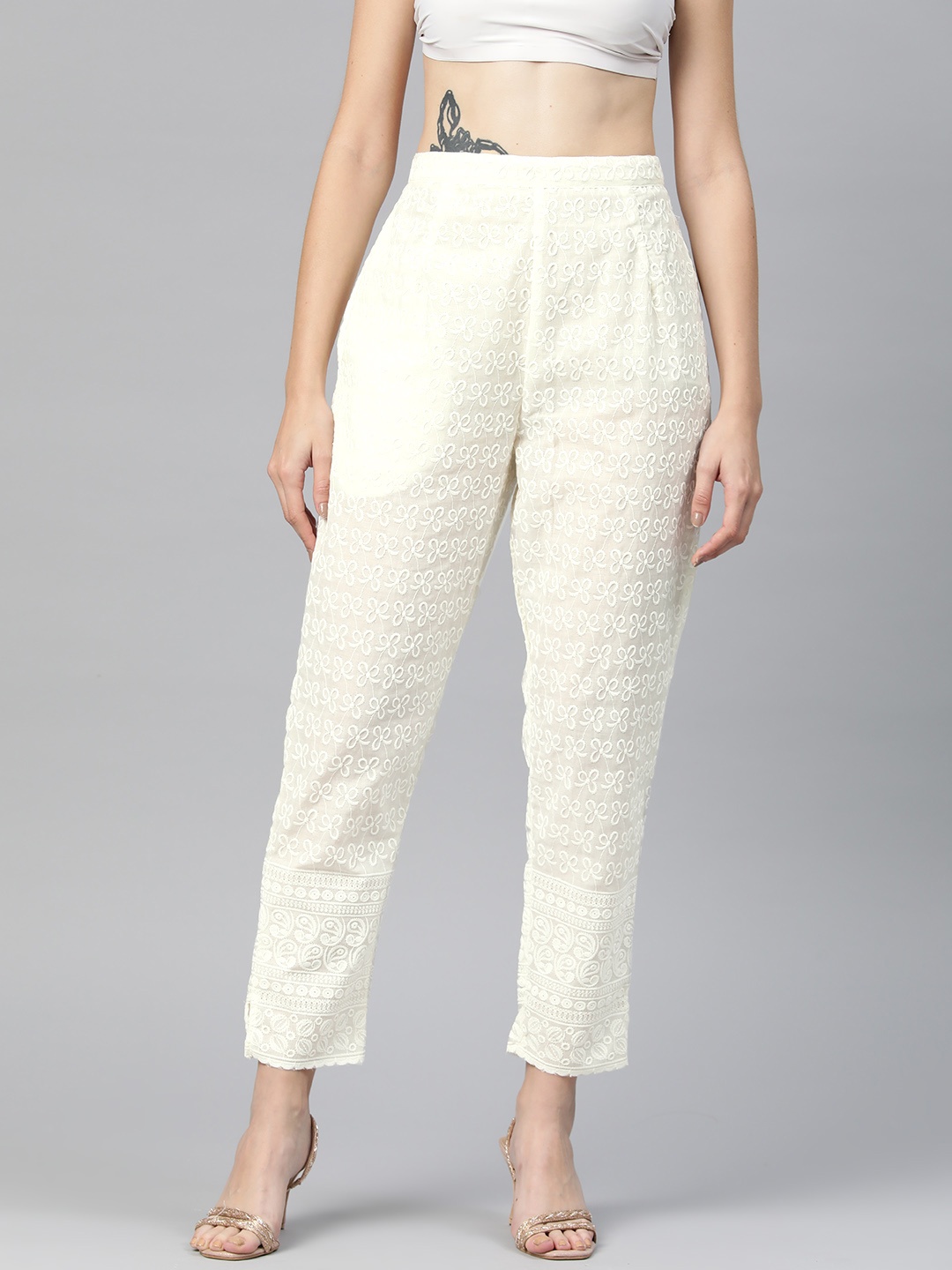 

Readiprint Women Floral Embroidered Ethnic Palazzos, Off white