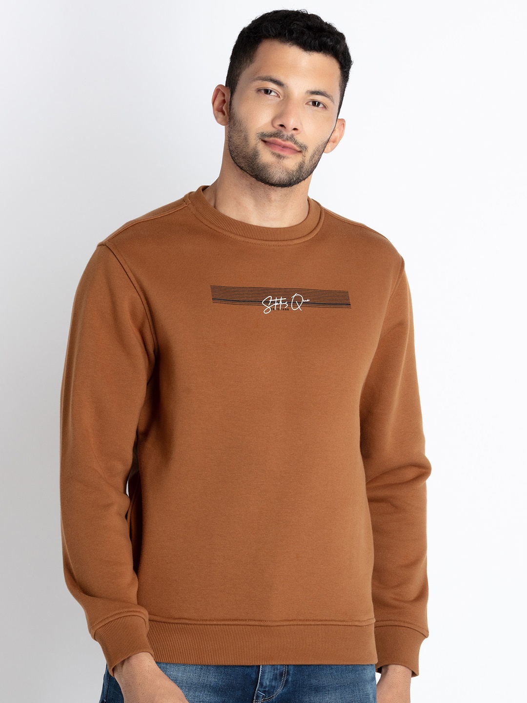 

Status Quo Round Neck Cotton Sweatshirt, Brown