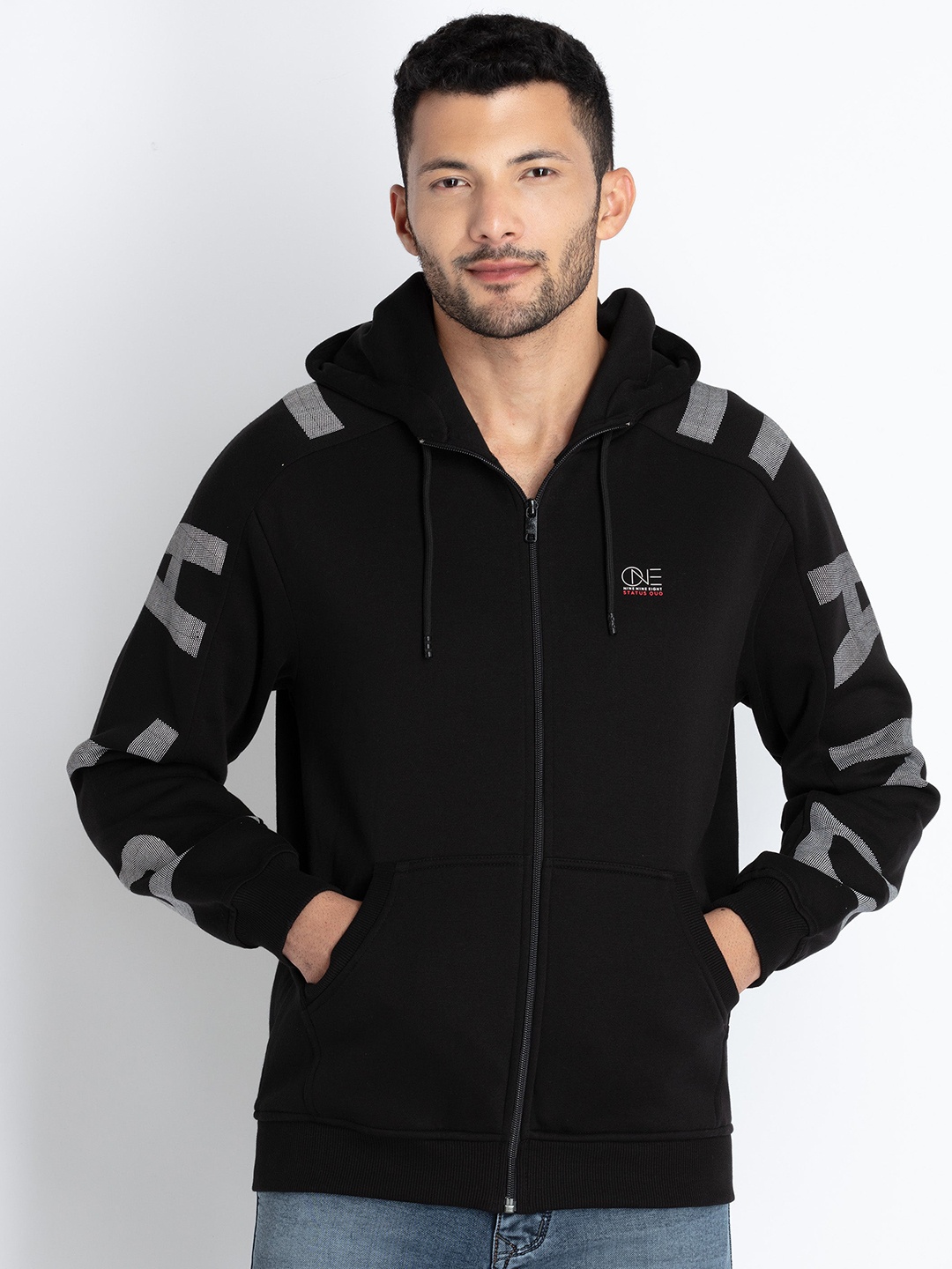 

Status Quo Printed Cotton Hooded Front-Open Sweatshirt, Black