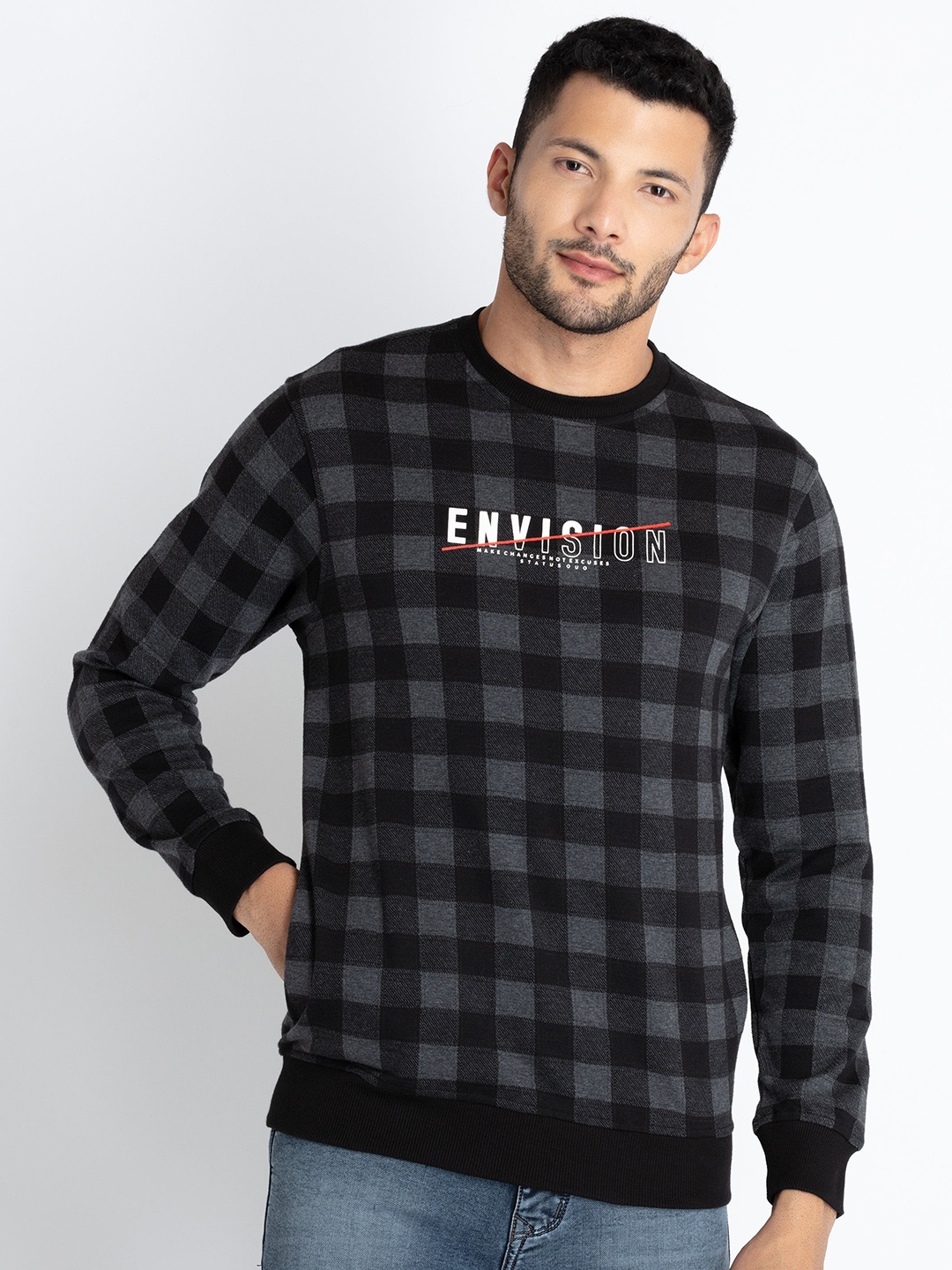 

Status Quo Checked Cotton Pullover Sweatshirt, Grey
