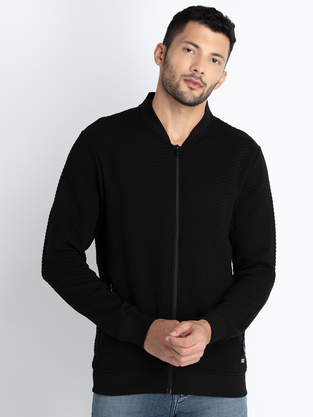 

Status Quo Cotton Mandarin Collar Front-Open Sweatshirt, Black
