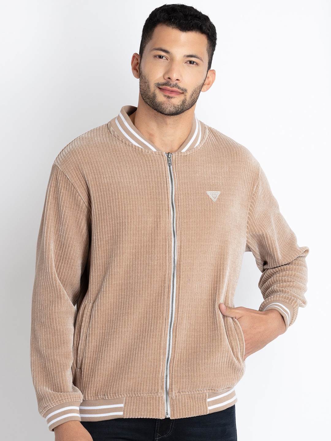 

Status Quo Mandarin Collar Front-Open Sweatshirts, Beige