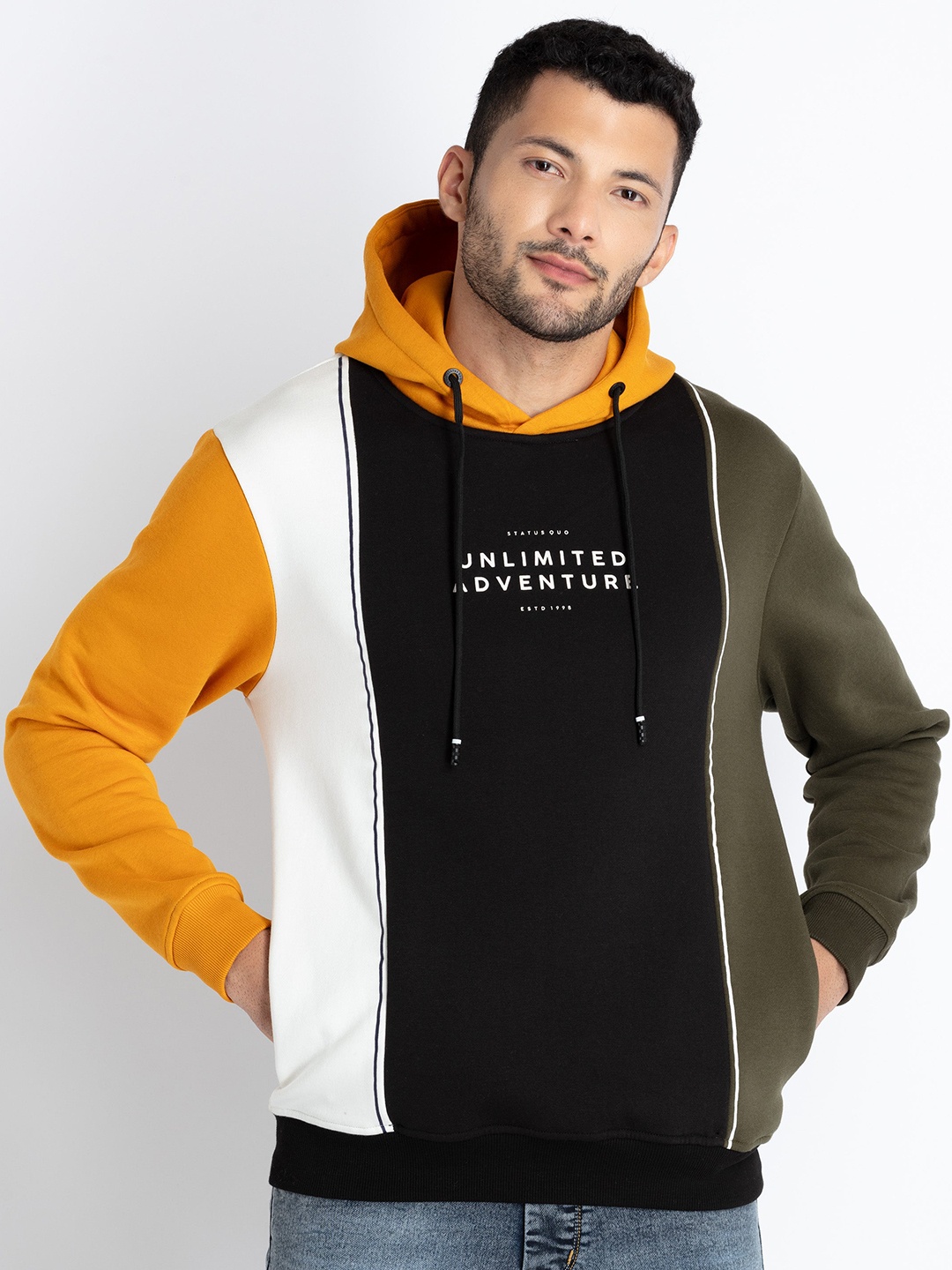 

Status Quo Colourblocked Cotton Hooded Pullover Sweatshirt, Black