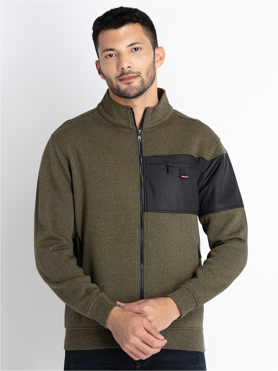

Status Quo Mock Collar Cotton Front-Open Sweatshirt, Olive