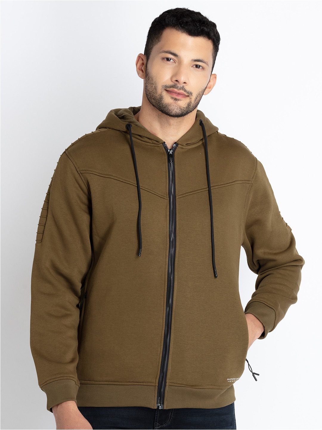

Status Quo Cotton Hooded Front-Open Sweatshirt, Olive