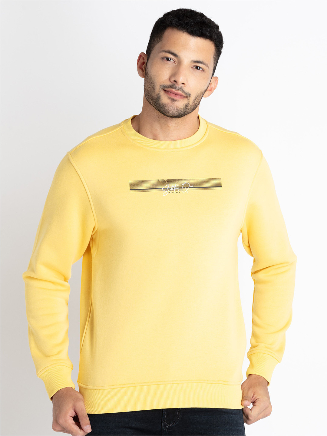 

Status Quo Typography Printed Cotton Pullover Sweatshirt, Yellow