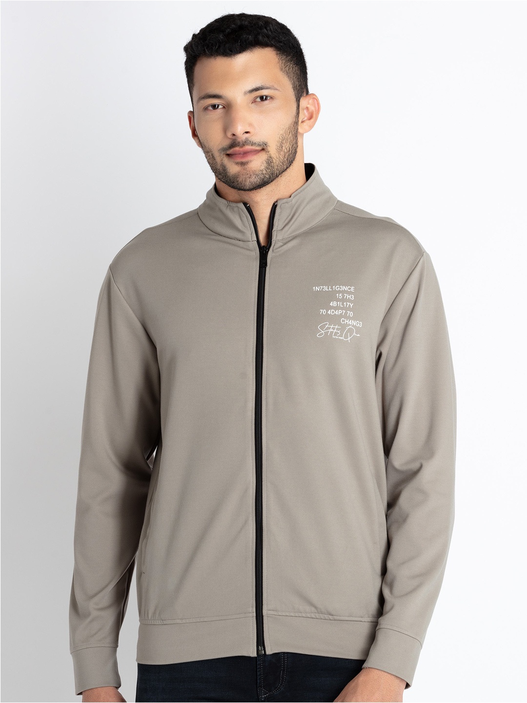 

Status Quo Mock Collar Lightweight Front-Open Sweatshirt, Beige