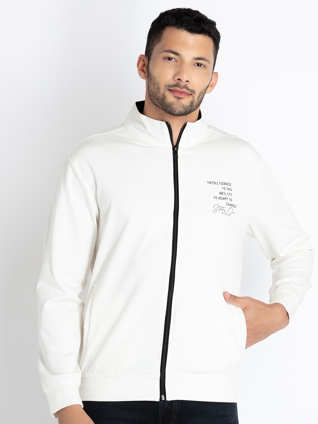 

Status Quo Mock Collar Front-Open Lightweight Sweatshirt, White
