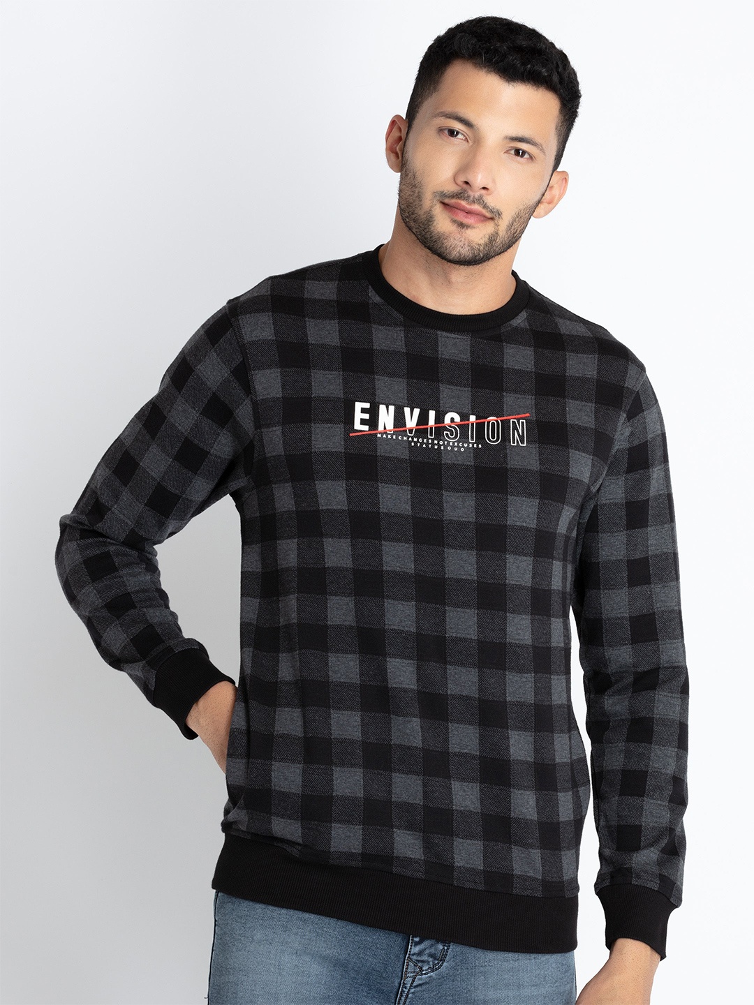 

Status Quo Checked Cotton Pullover Sweatshirt, Grey