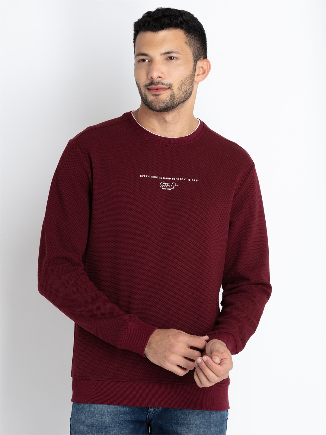 

Status Quo Round Neck Lightweight Cotton Pullover Sweatshirt, Maroon