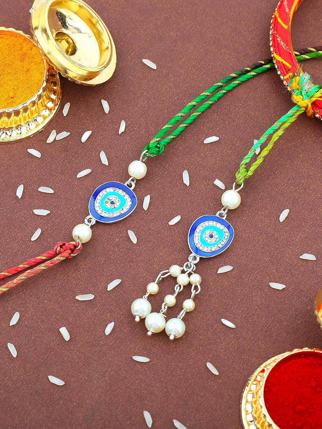 

Estele Set Of 2 Evil Eye Charm Rakhis With Roli Chawal, Red