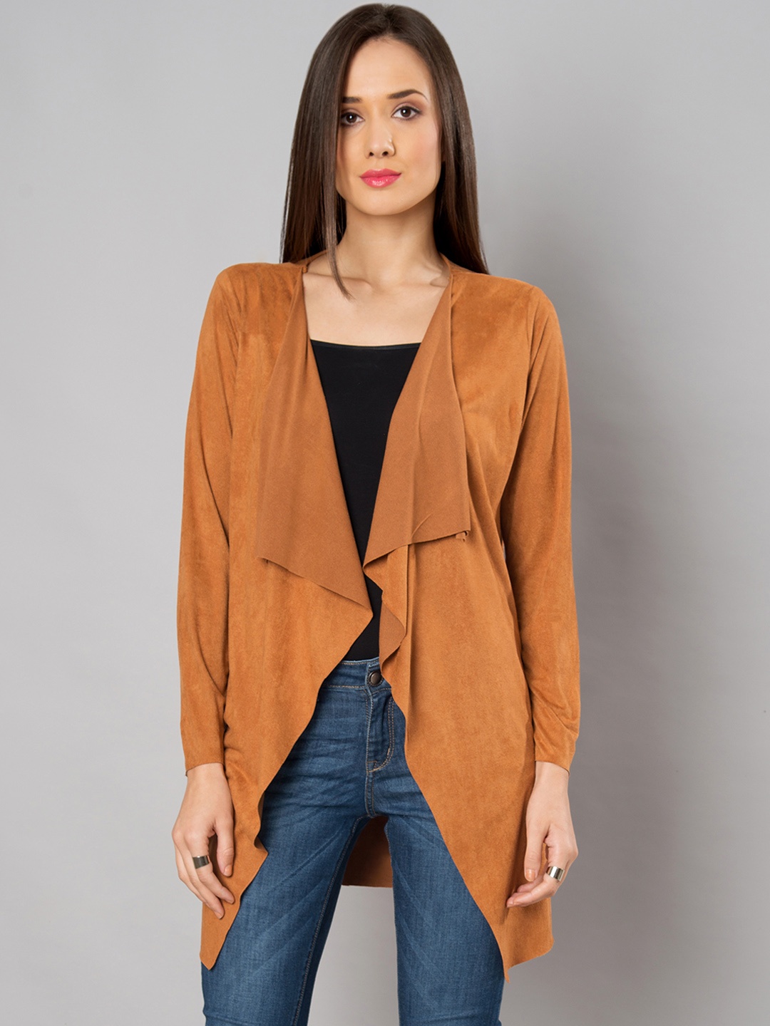

FabAlley Tan Solid Open Front Shrug