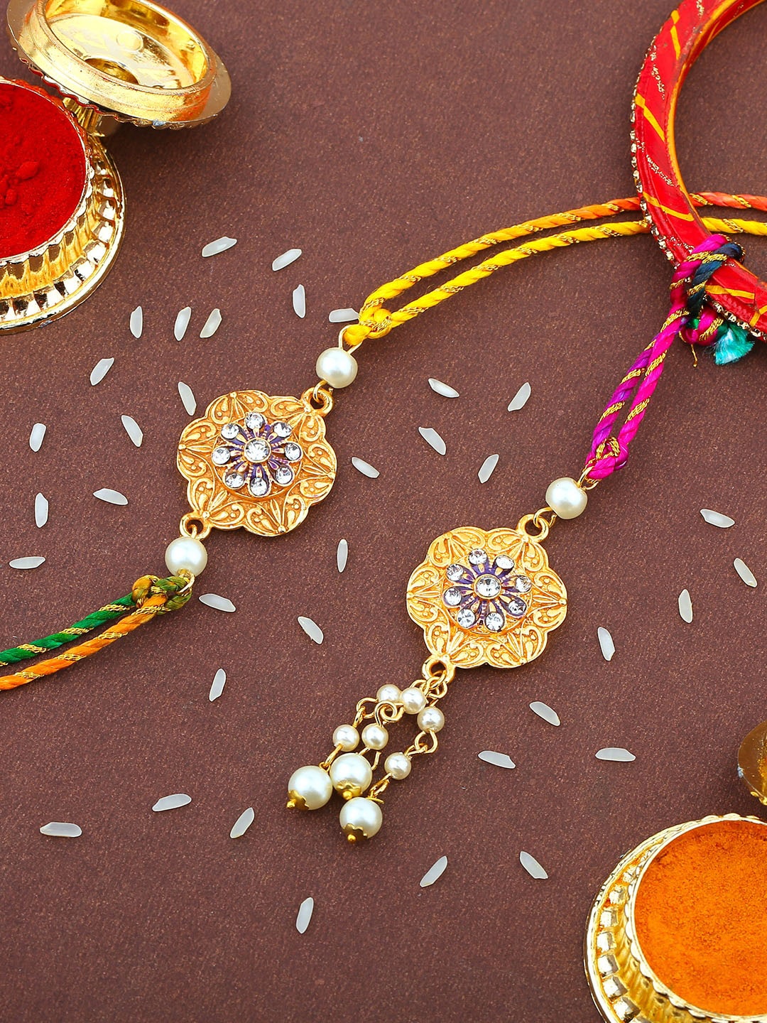 

Estele Set Of 2 Stone-Studded Rakhis With Roli Chawal, Yellow
