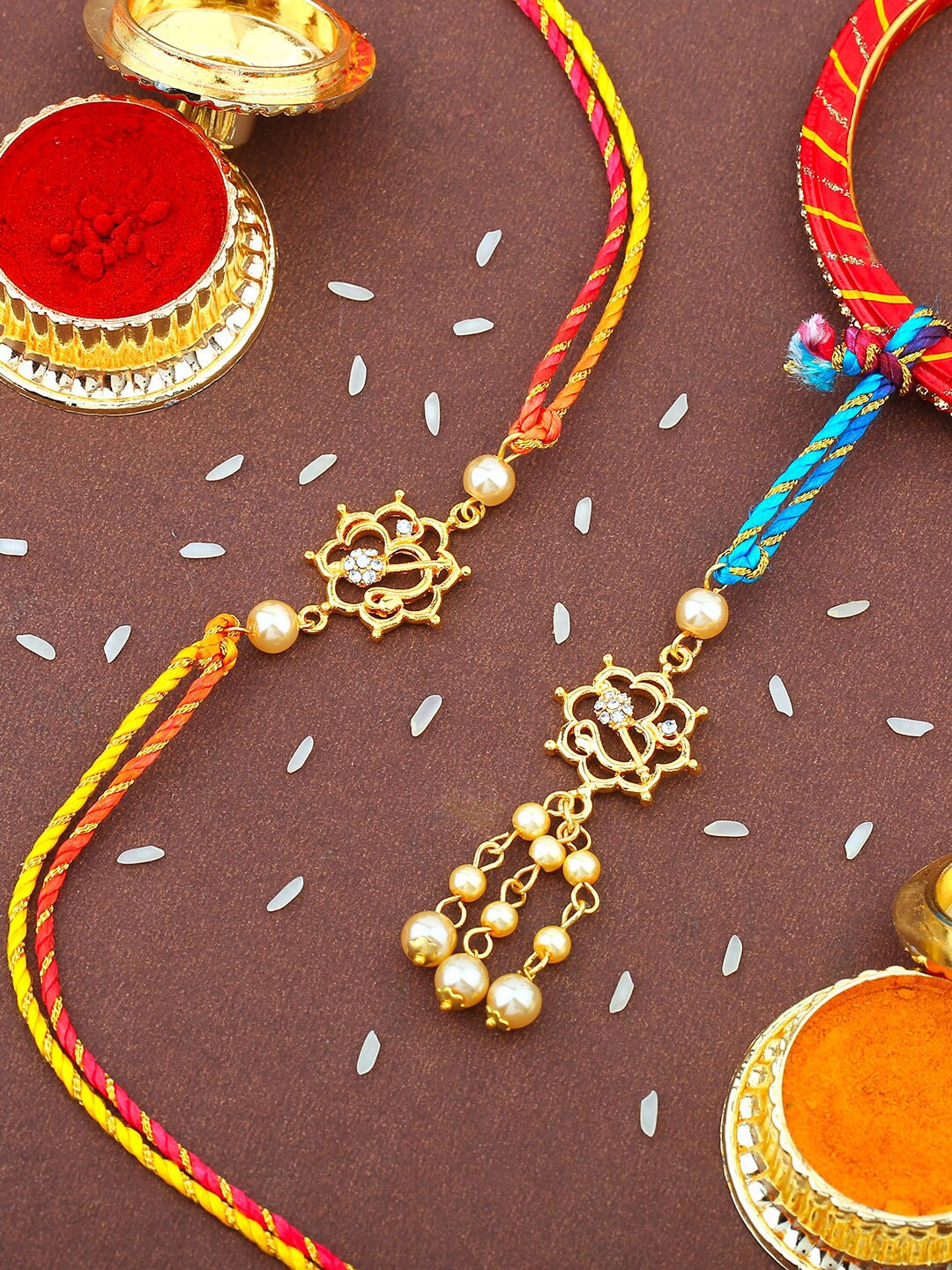 

Estele Set Of 2 Om Charm & Stone-Studded Rakhis, Gold