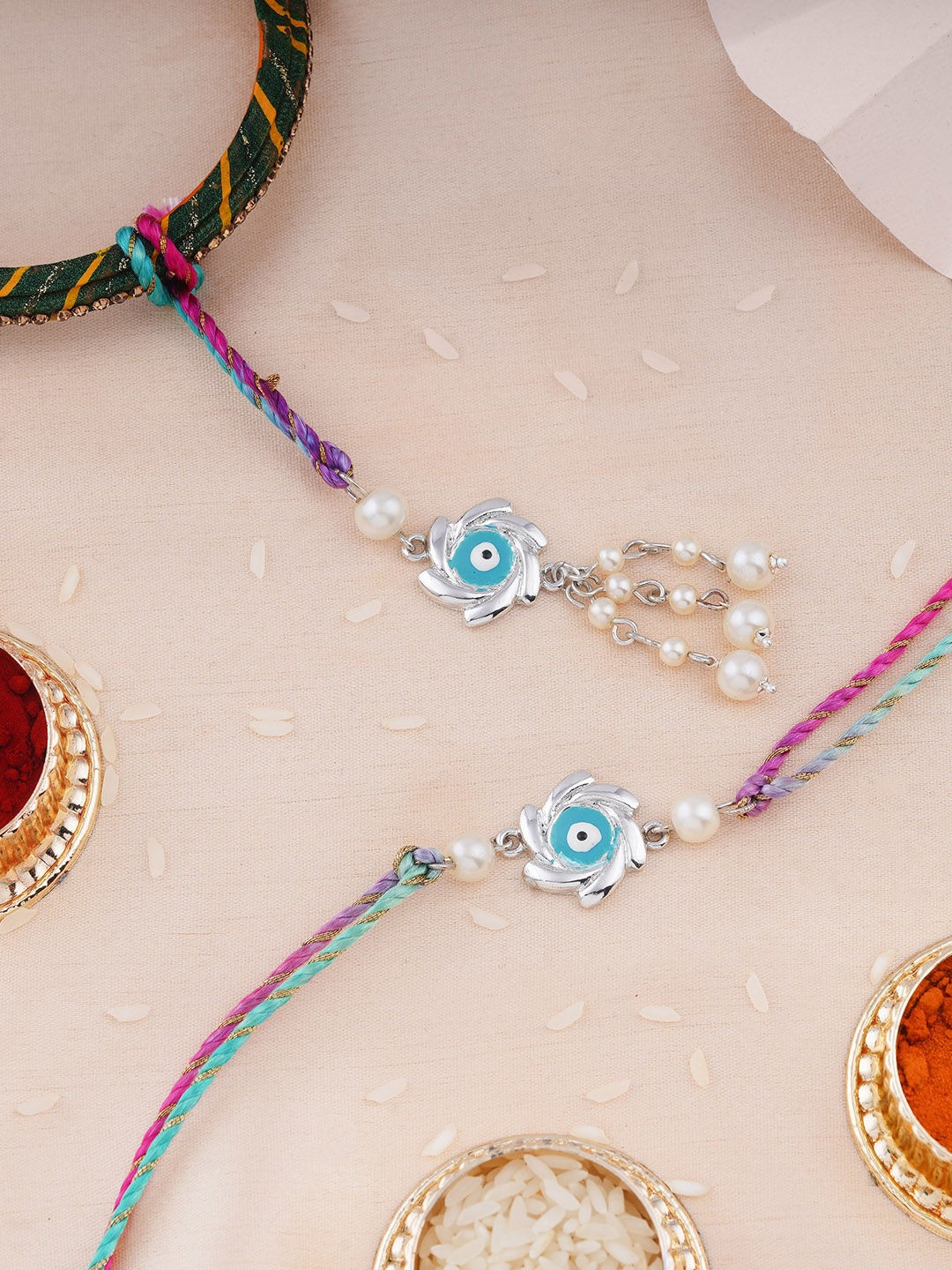

Estele Set Of 2 Evil Eye Charm Rakhis With Roli Chawal, Pink