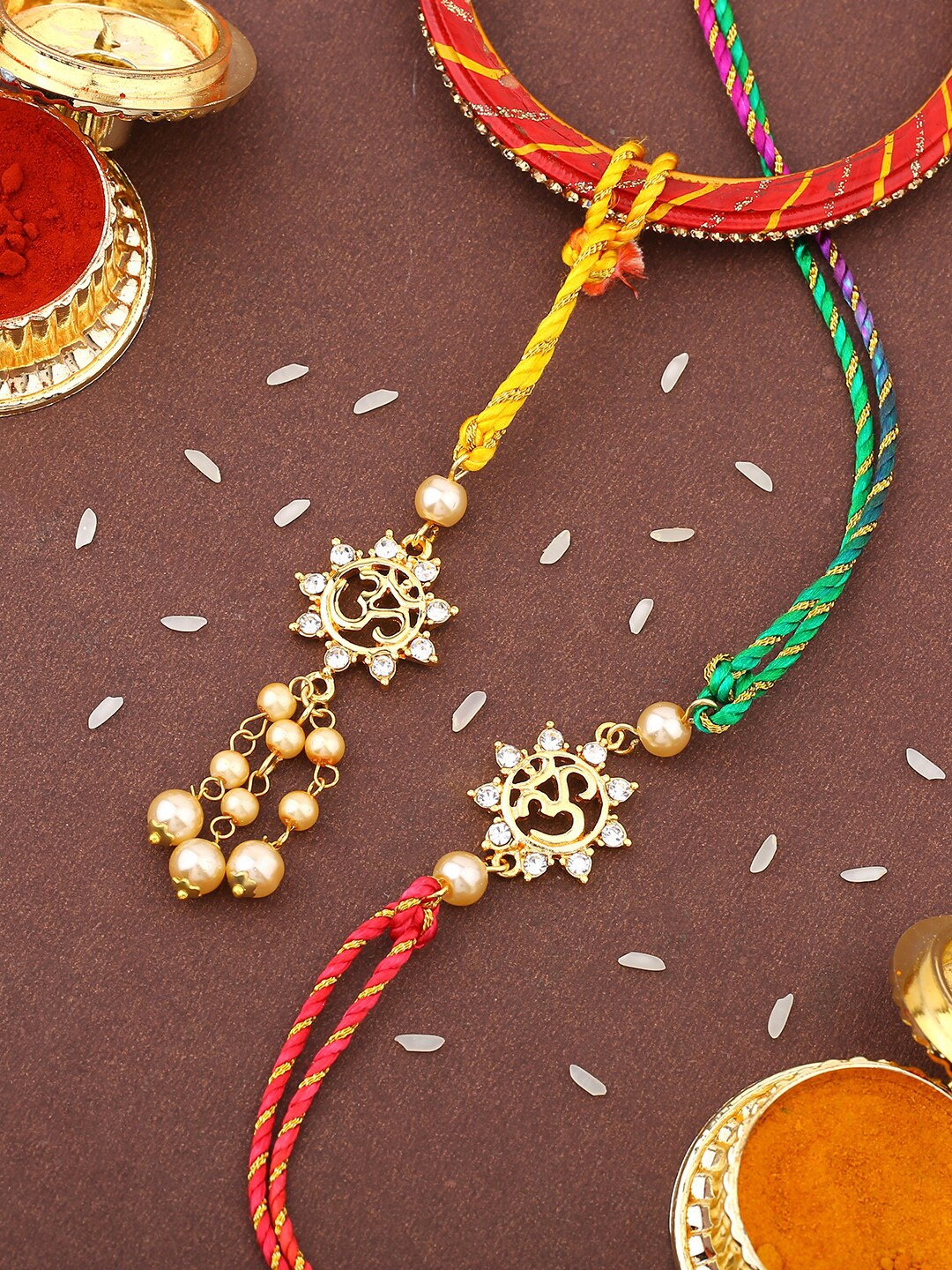 

Estele Set Of 2 Om Charm & Stone-Studded Rakhis With Roli Chawal, White