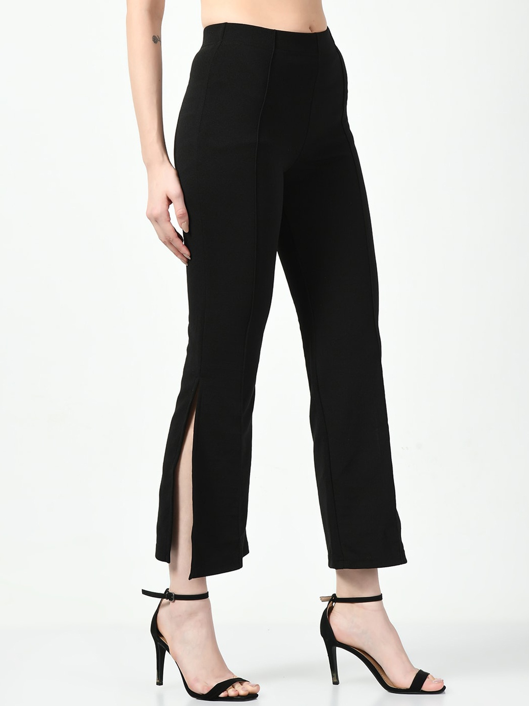 

CLAFOUTIS Women Flared High-Rise Lycra Bootcut Trousers, Black