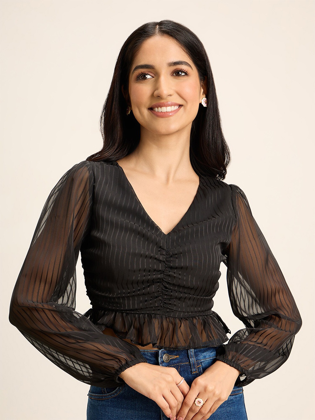 

20Dresses Black Striped Puff Sleeve Smocking Ruched Crop Top
