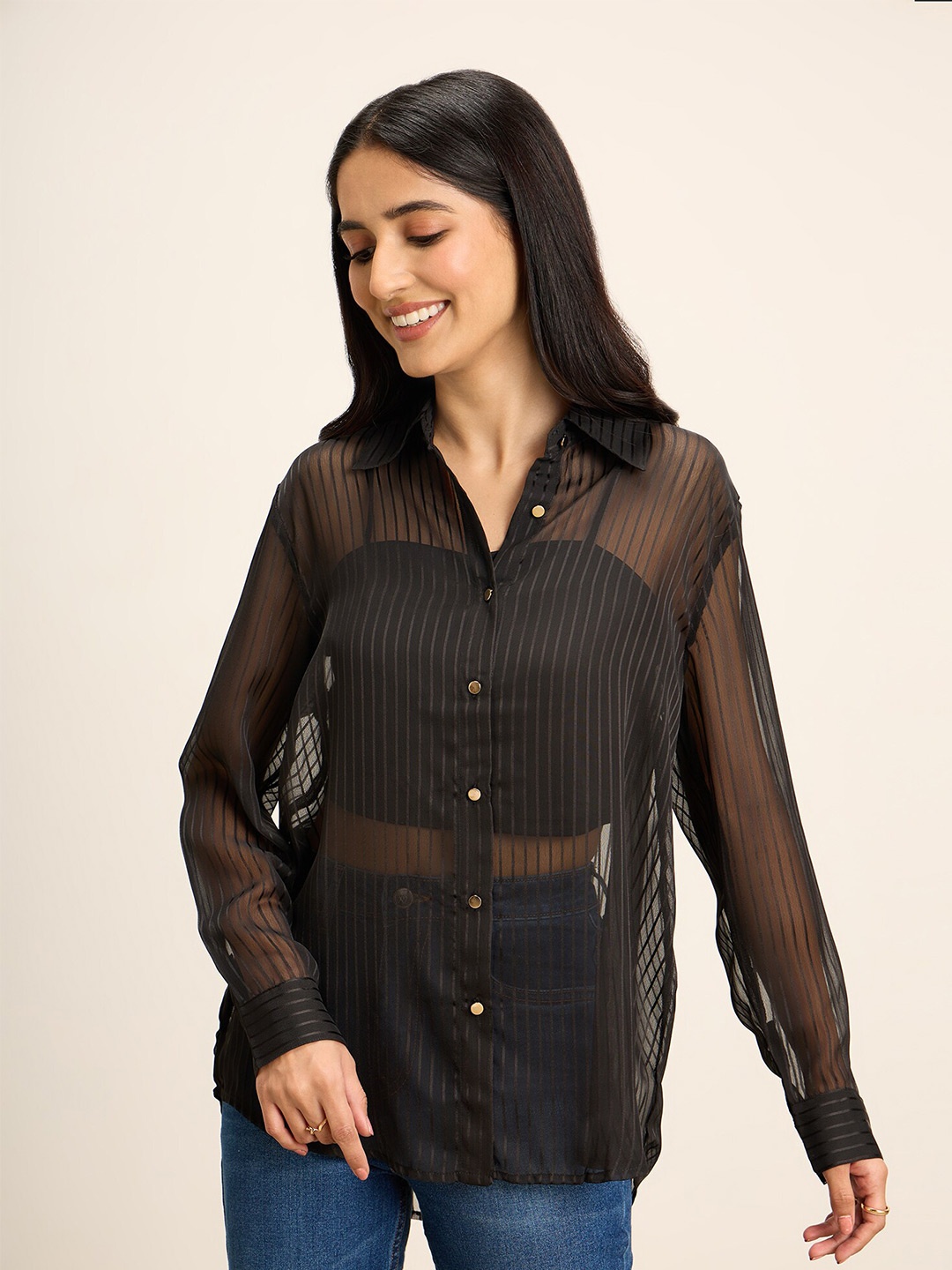 

20Dresses Opaque Striped Casual Shirt, Black