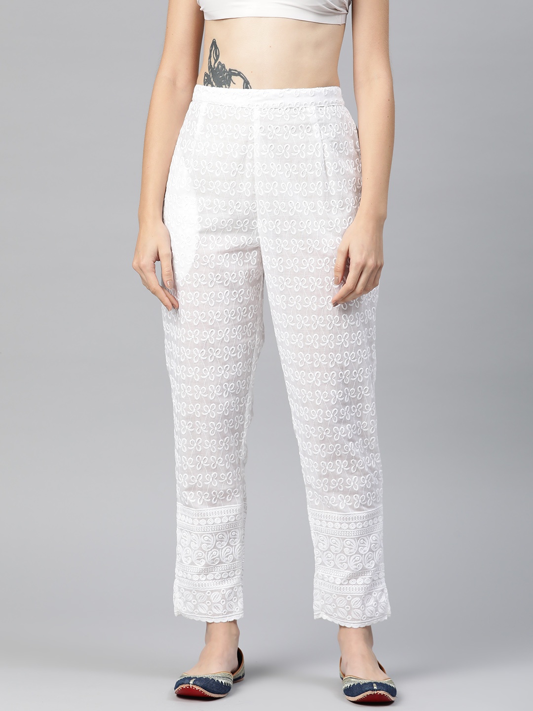 

Readiprint Women Floral Embroidered Ethnic Palazzos, White