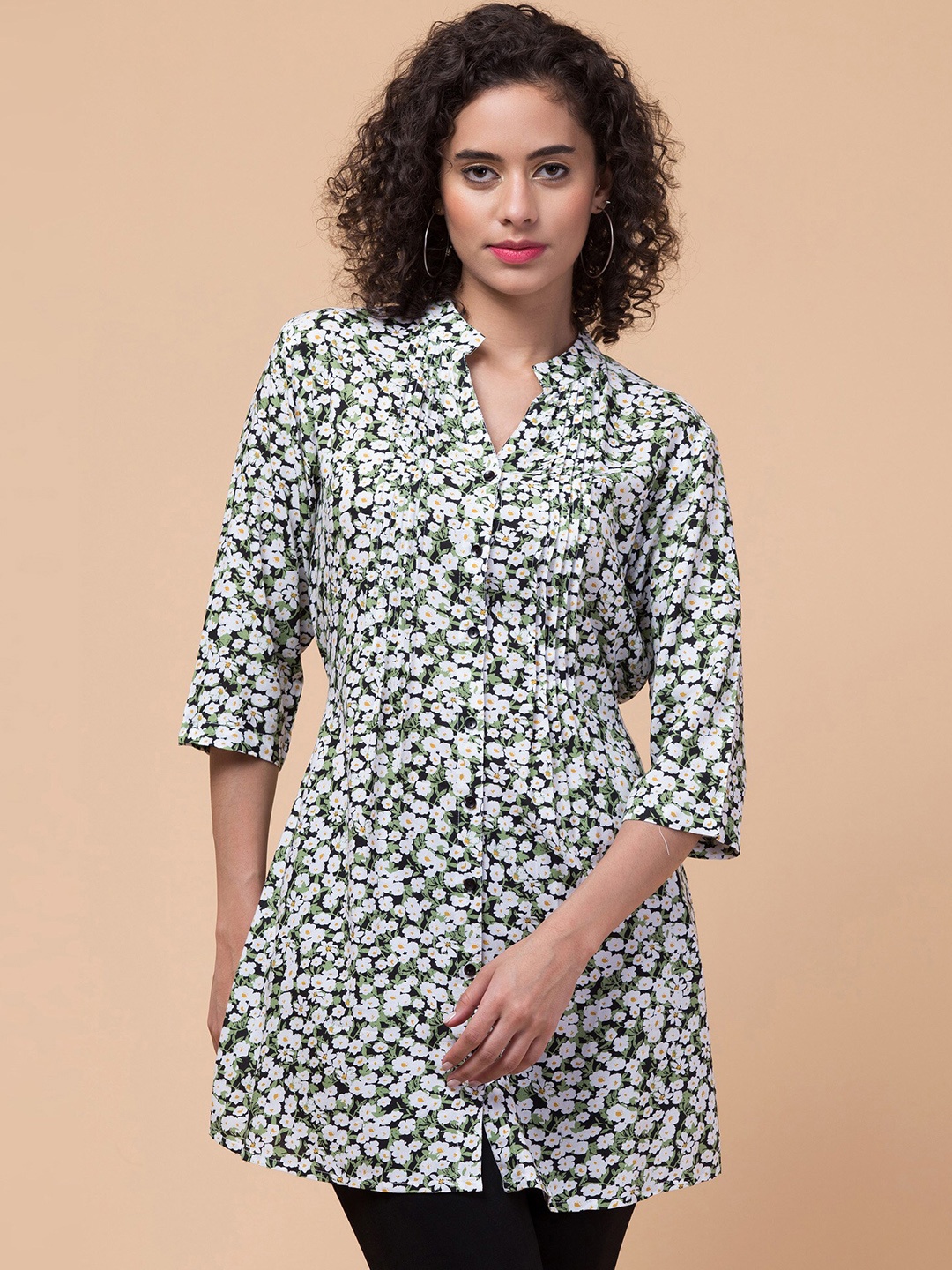 

Hive91 Floral Printed Mandarin Collar Tunic, Green