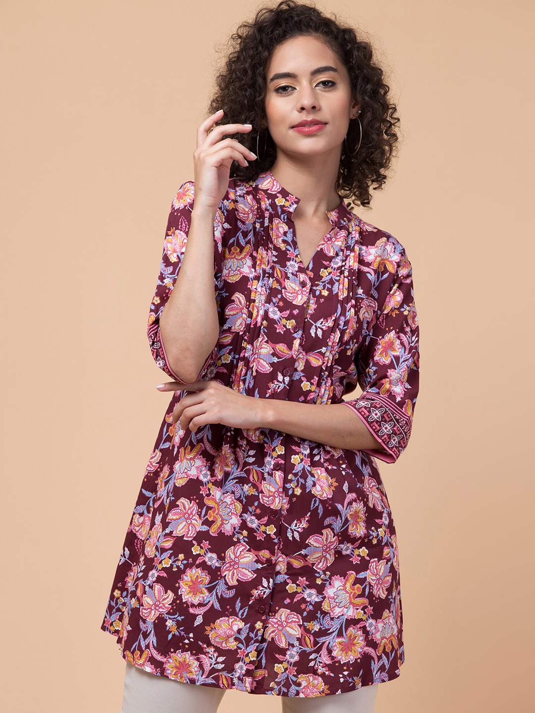 

Hive91 Floral Printed Mandarin Collar Tunic, Maroon