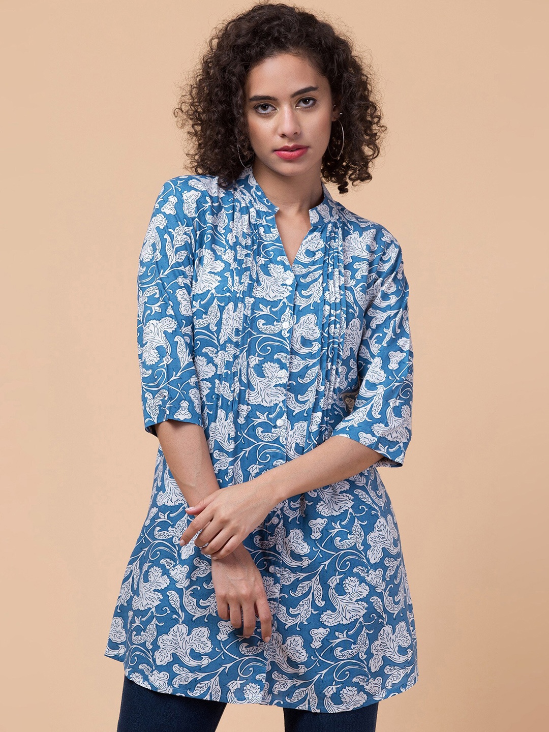 

Hive91 Floral Printed Mandarin Collar Tunic, Blue