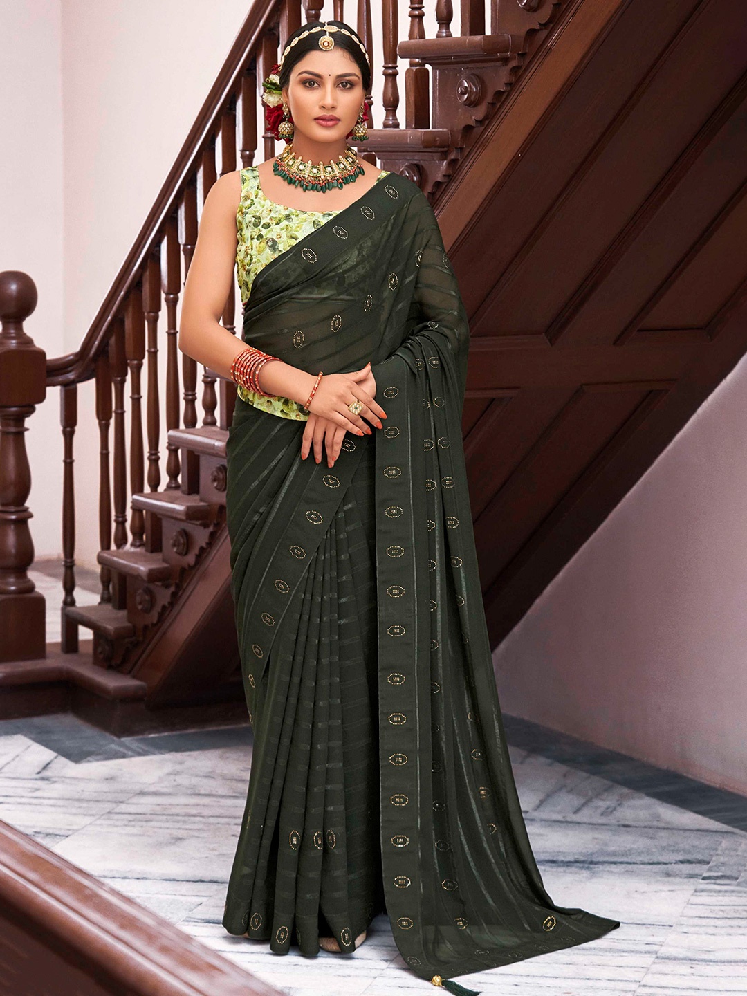 

Mitera Striped Beads and Stones Saree, Green