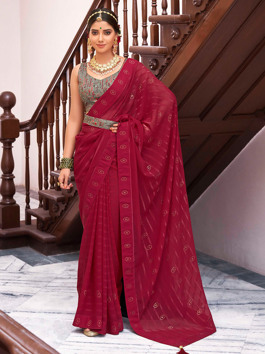 

Mitera Pink Striped Beads and Stones Saree