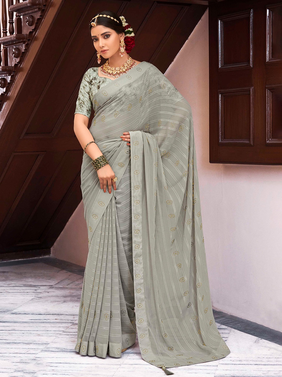 

Mitera Grey Embellished Beads and Stones Saree